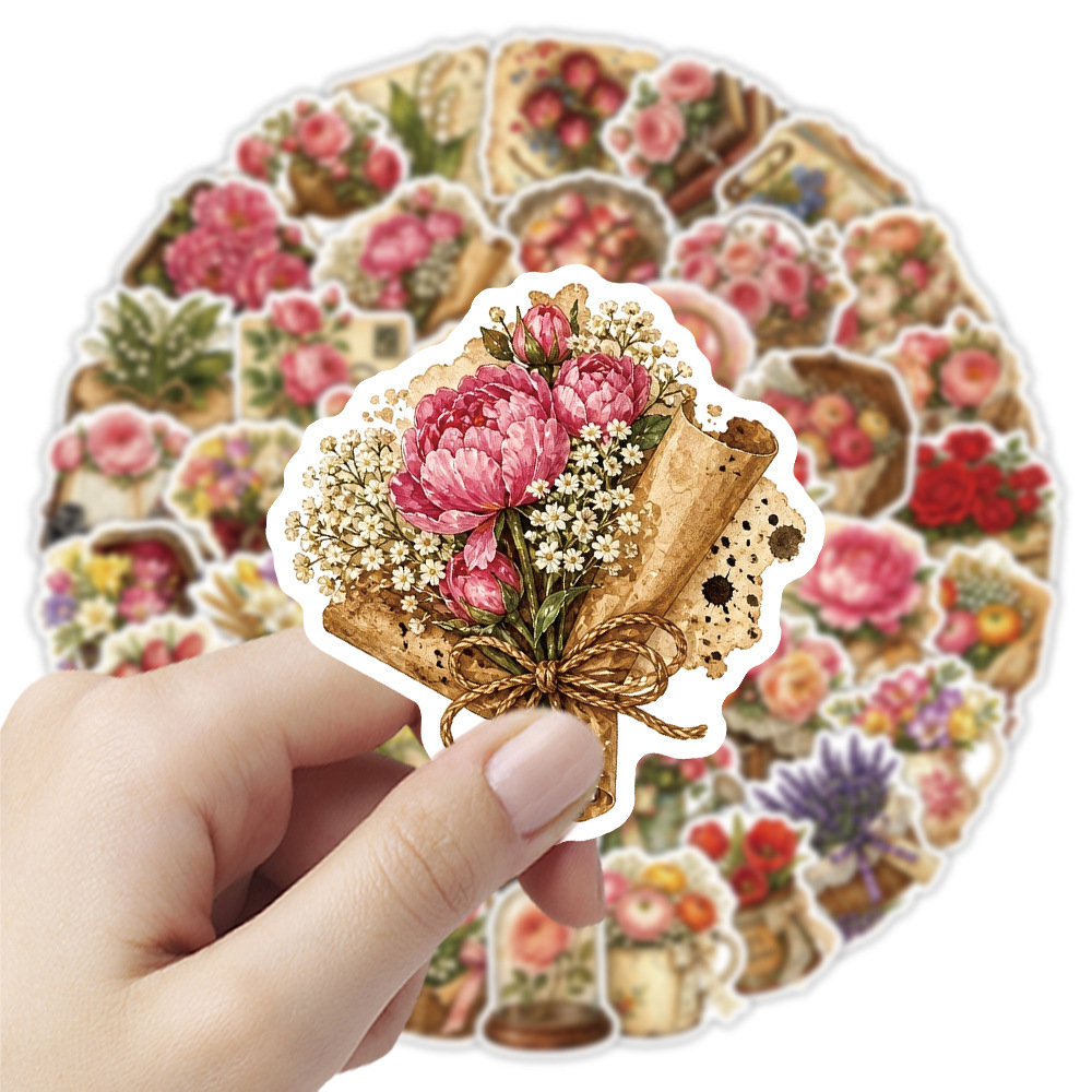 Dried Flower Bulk - 50 adet Vintage çiçek çıkartmaları Retro